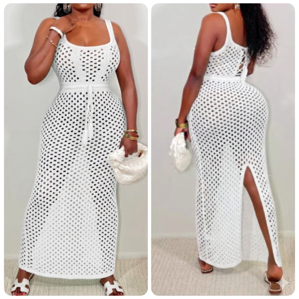 “Iesha” White Crochet Swimsuit Coverup Maxi Dress