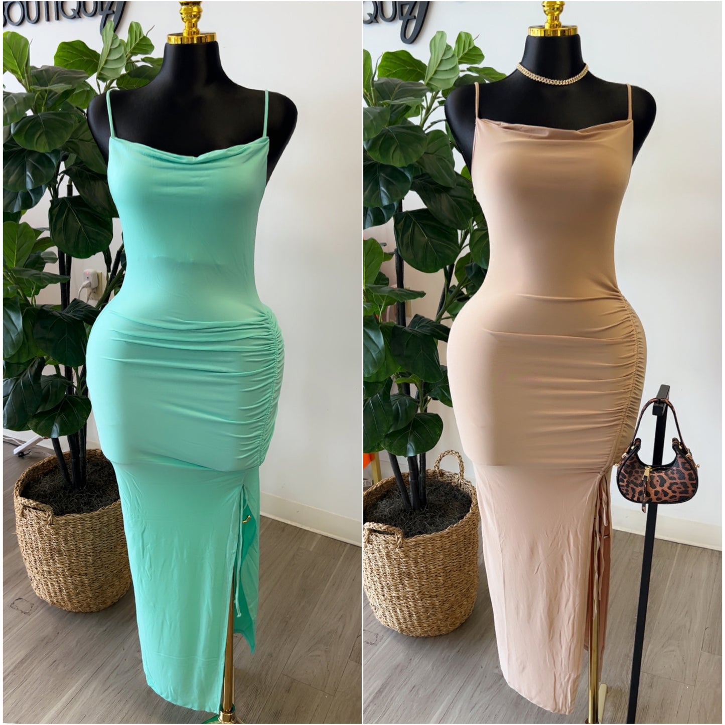 “Tasha” Stretch Side Scrunch Split Spaghetti Strap Maxi Dress