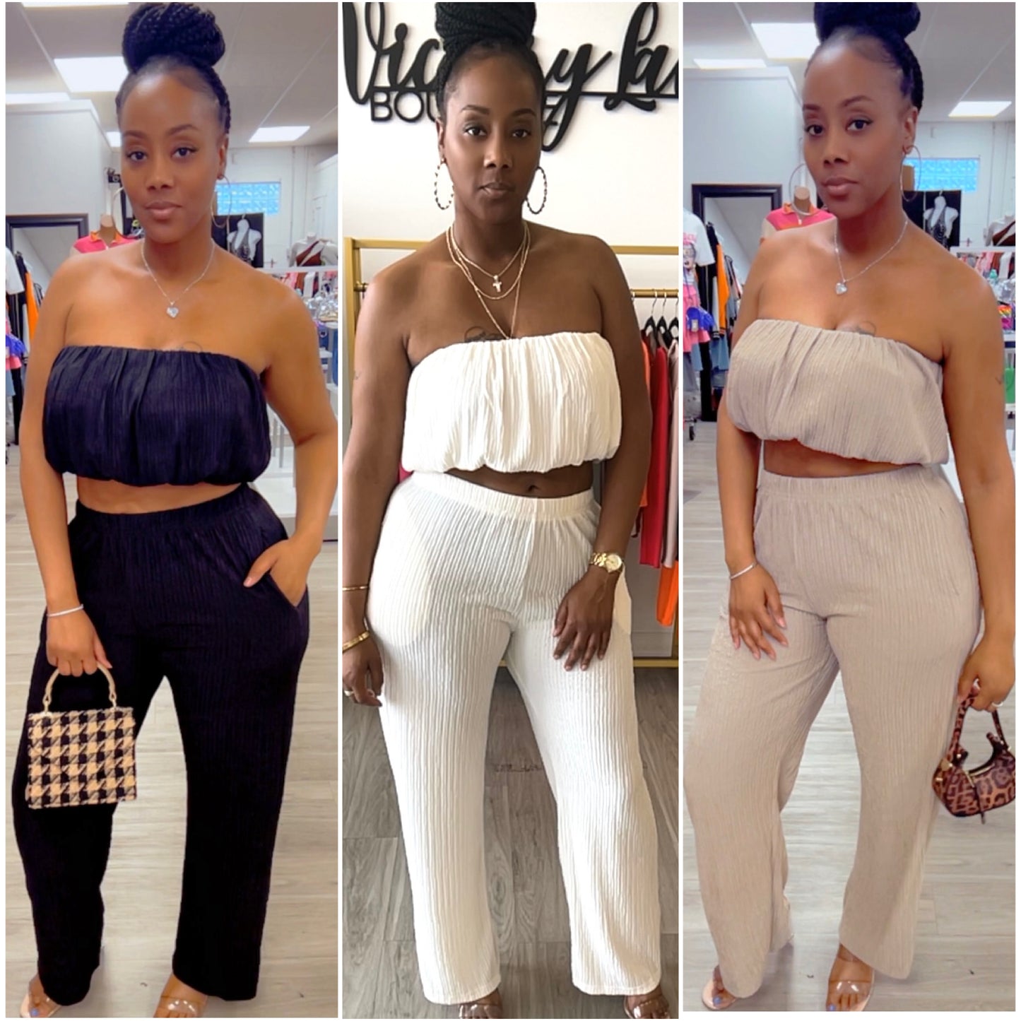 “Miracle” 2 Piece Crinkled Bandeau Wide Leg Pant Set