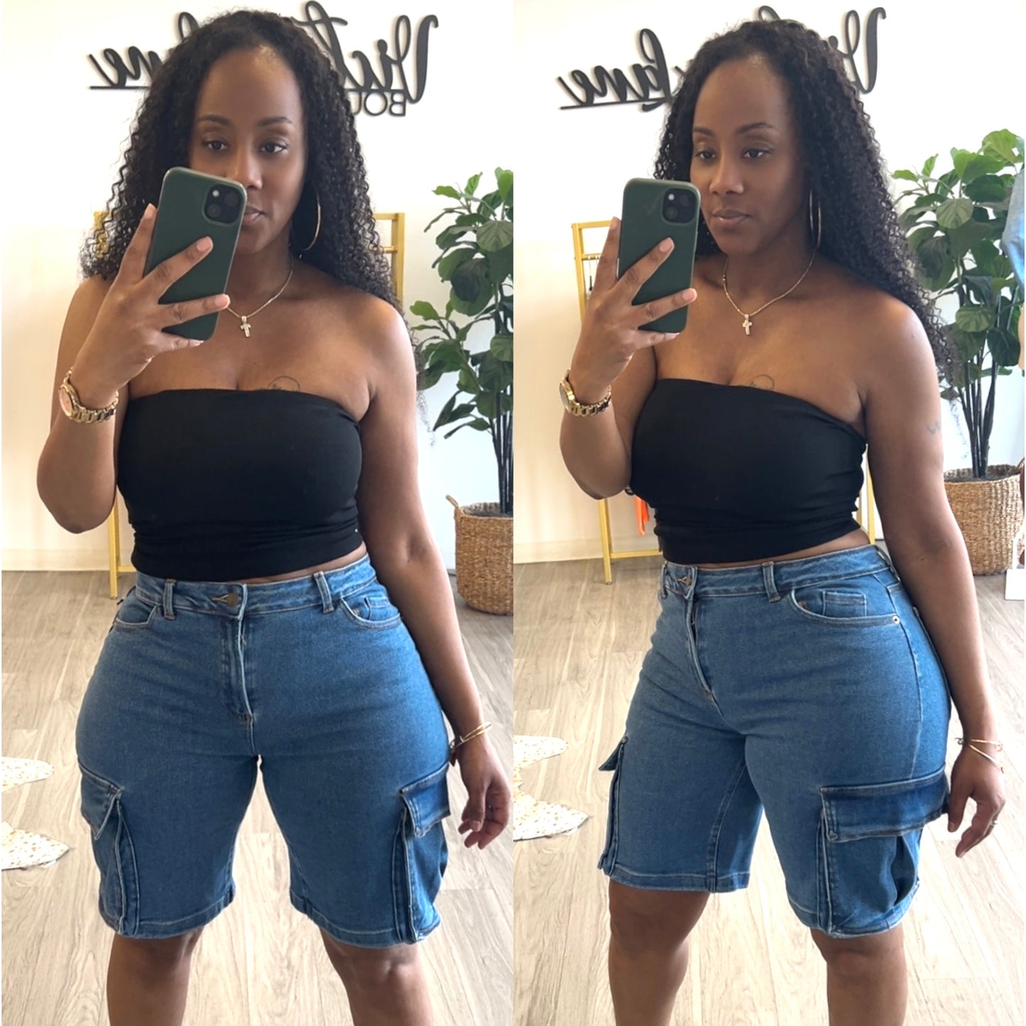 “Babe” Stretch Denim Cargo Medium Wash Bermuda Shorts