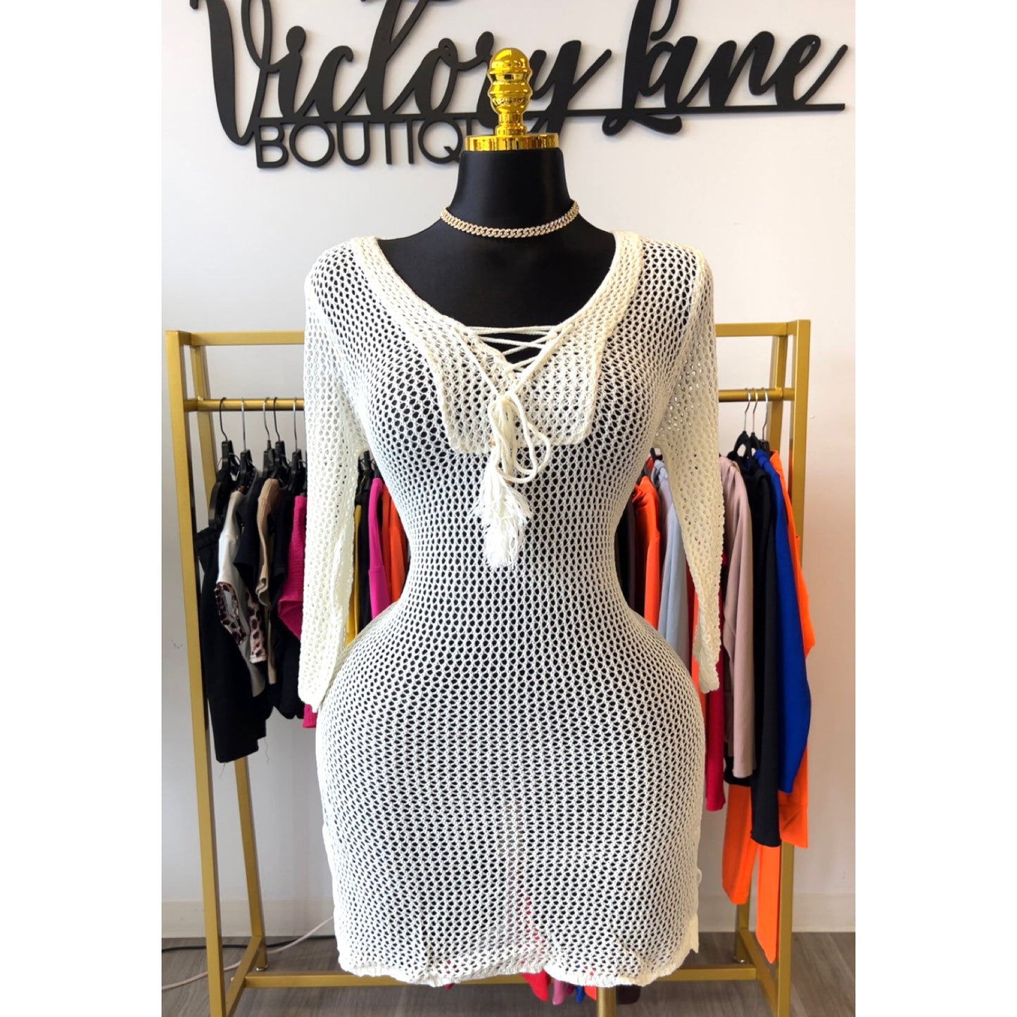 “Nettie” Cream Crochet Long Sleeve Swim coverup Dress Top