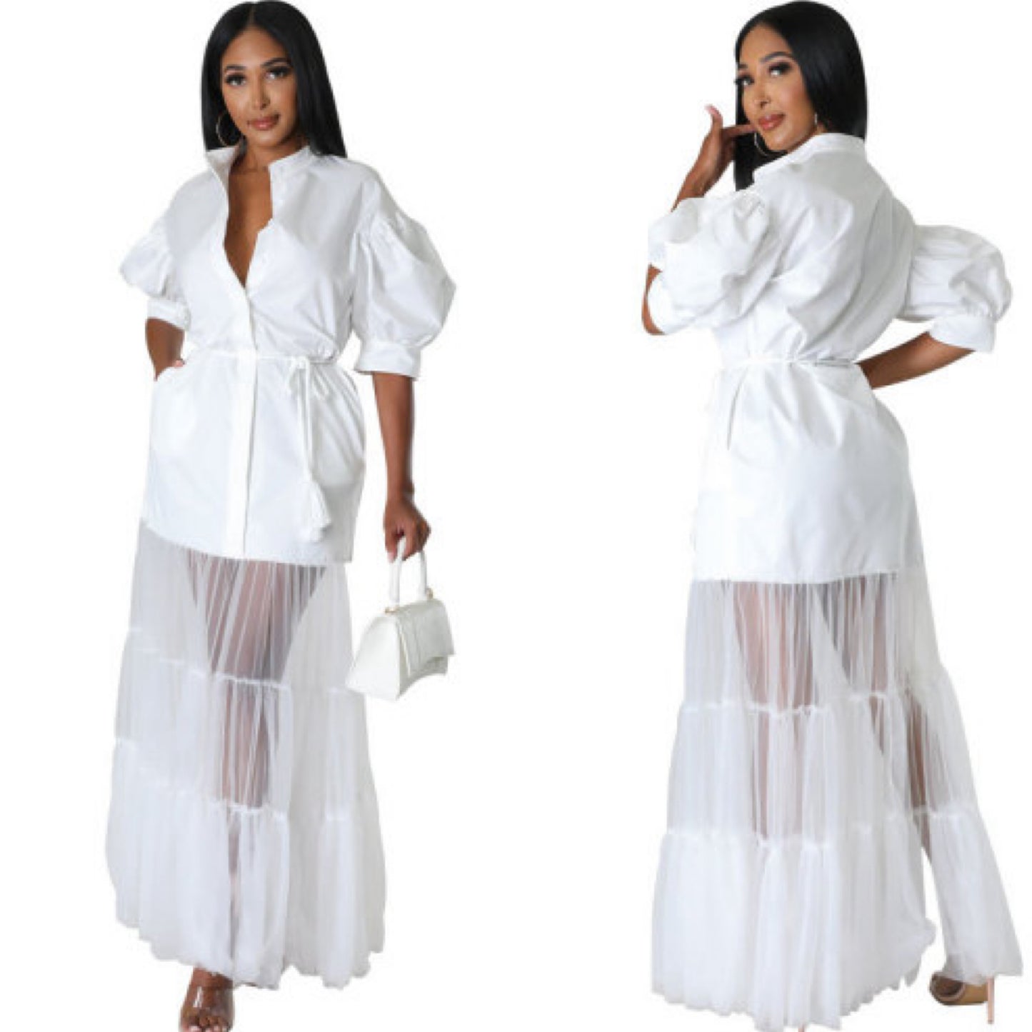 “Grace” White Rope Belted Puff 3/4 Sleeve Mesh Bottom Maxi Dress