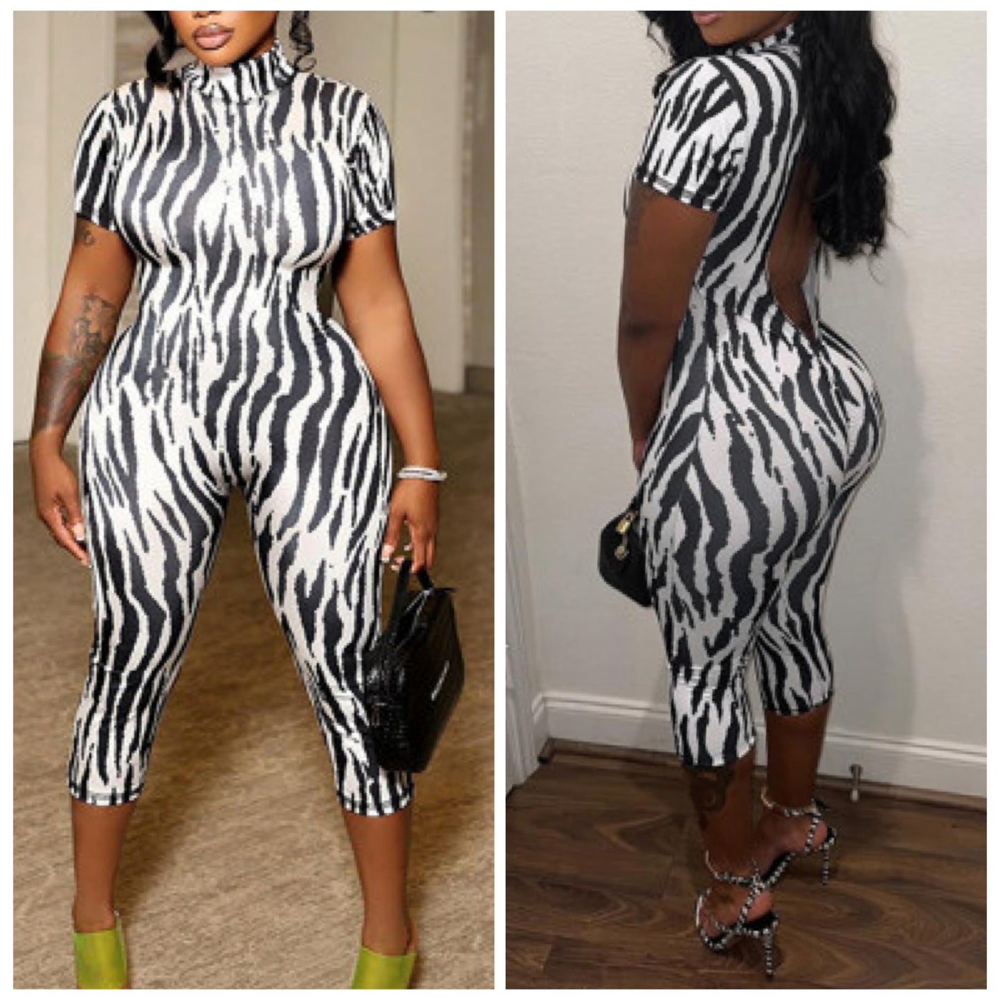 “Little Wild Thing” Zebra Print One Piece Backless Capri Jumpsuit