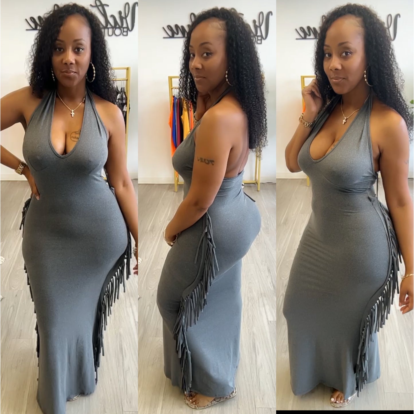 “Shake Them Off” Halter Stretch Fringe Maxi Dress