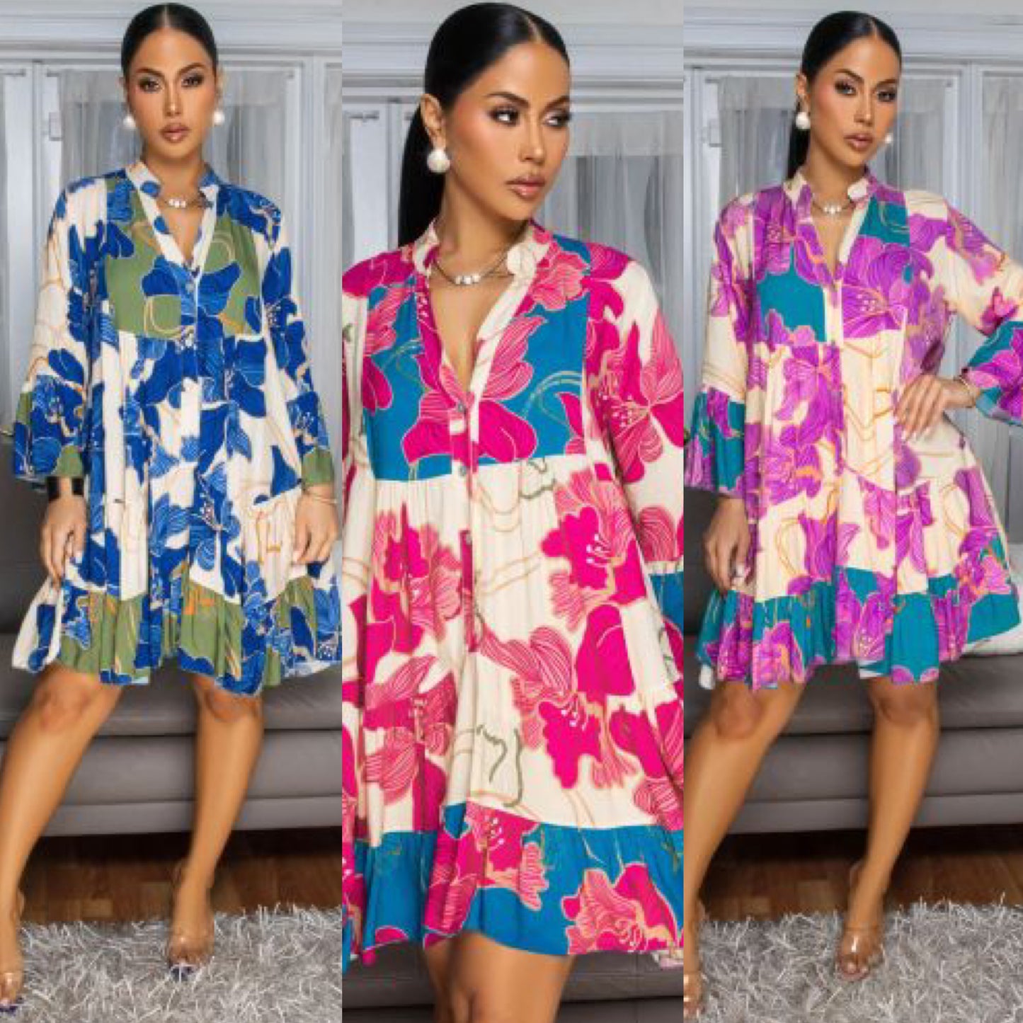 “Charmaine” Floral Ruffle Long Sleeve Dress