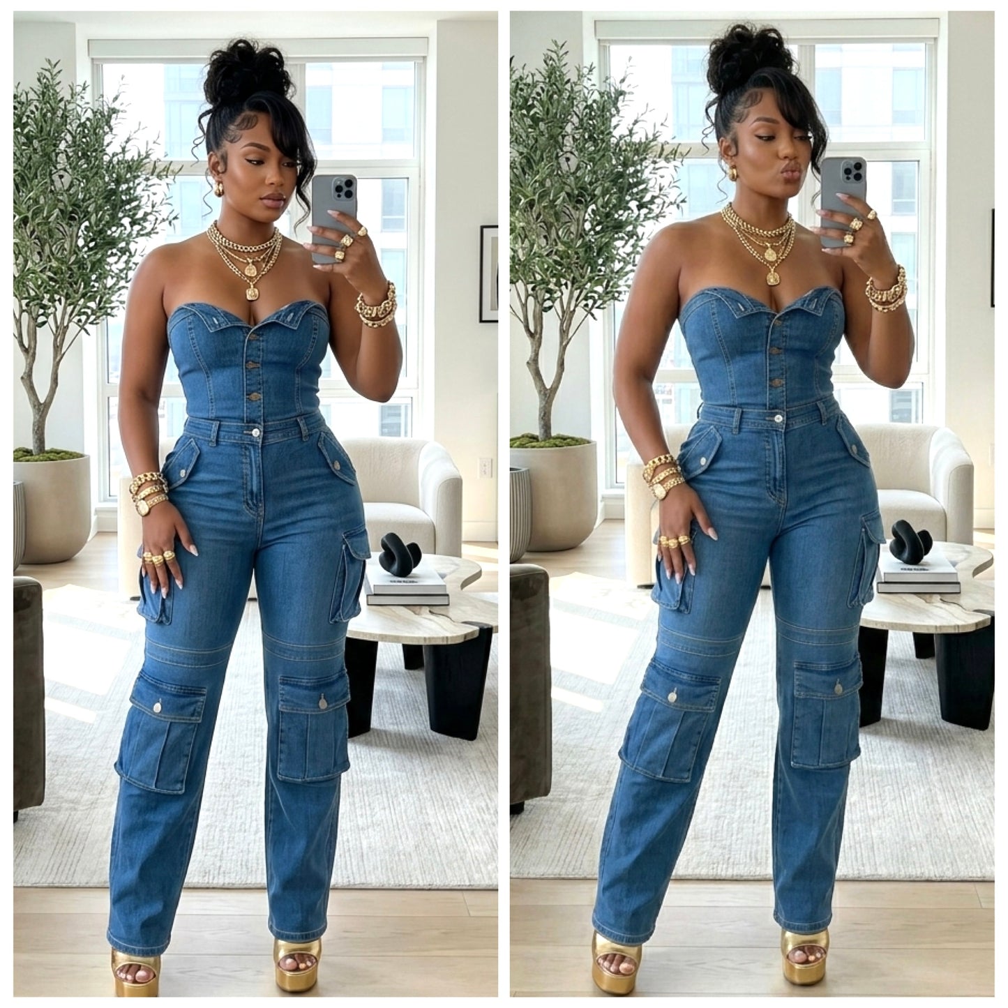 “Downtown Denim” One Piece Denim Cargo Jumpsuit