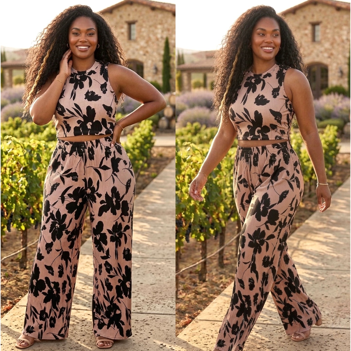 “Anissa” Tan/Black Floral Print 2 Piece Pant Set