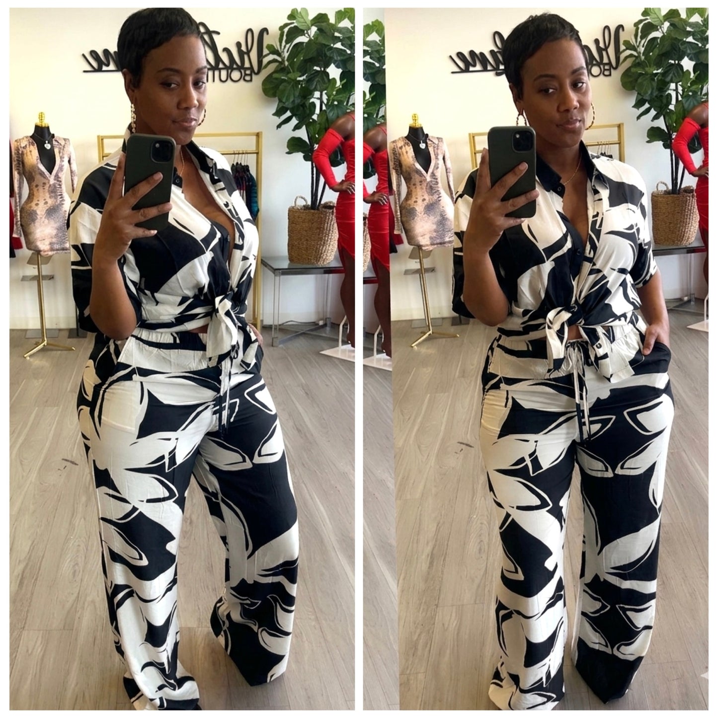 “Tropicana” 2 Piece Wide Leg Leaf Print Button Down Short Sleeve Set