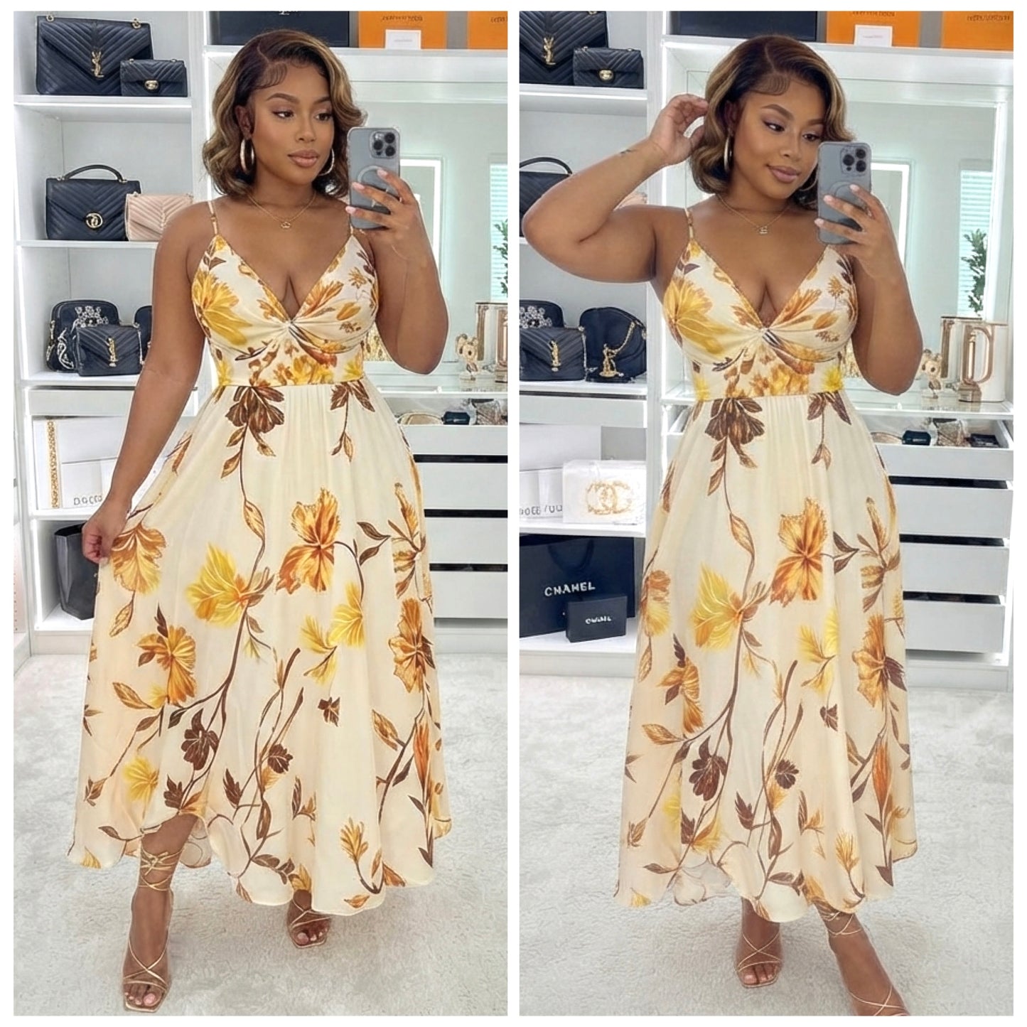 “Golden Dream” Spaghetti Strap Floral Maxi Dress