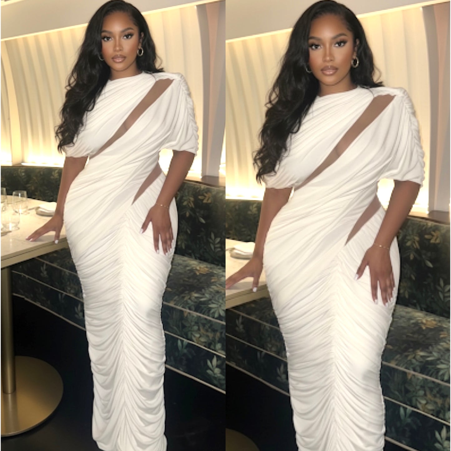 “Wonderland” Stretch Short Sleeve Mesh Insert White Maxi Dress