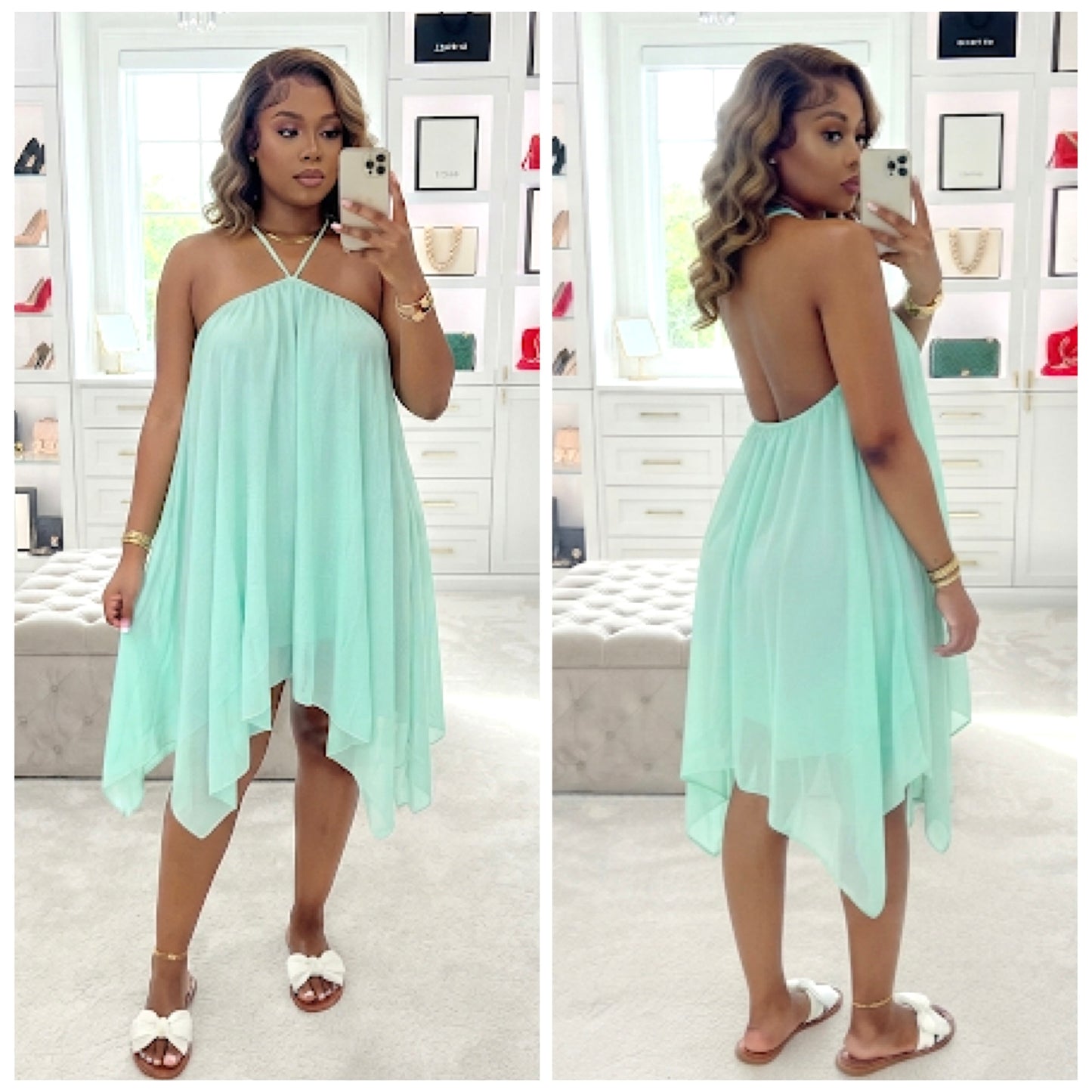 “Peppermint” Sheath Halter Tiered Backless Dress