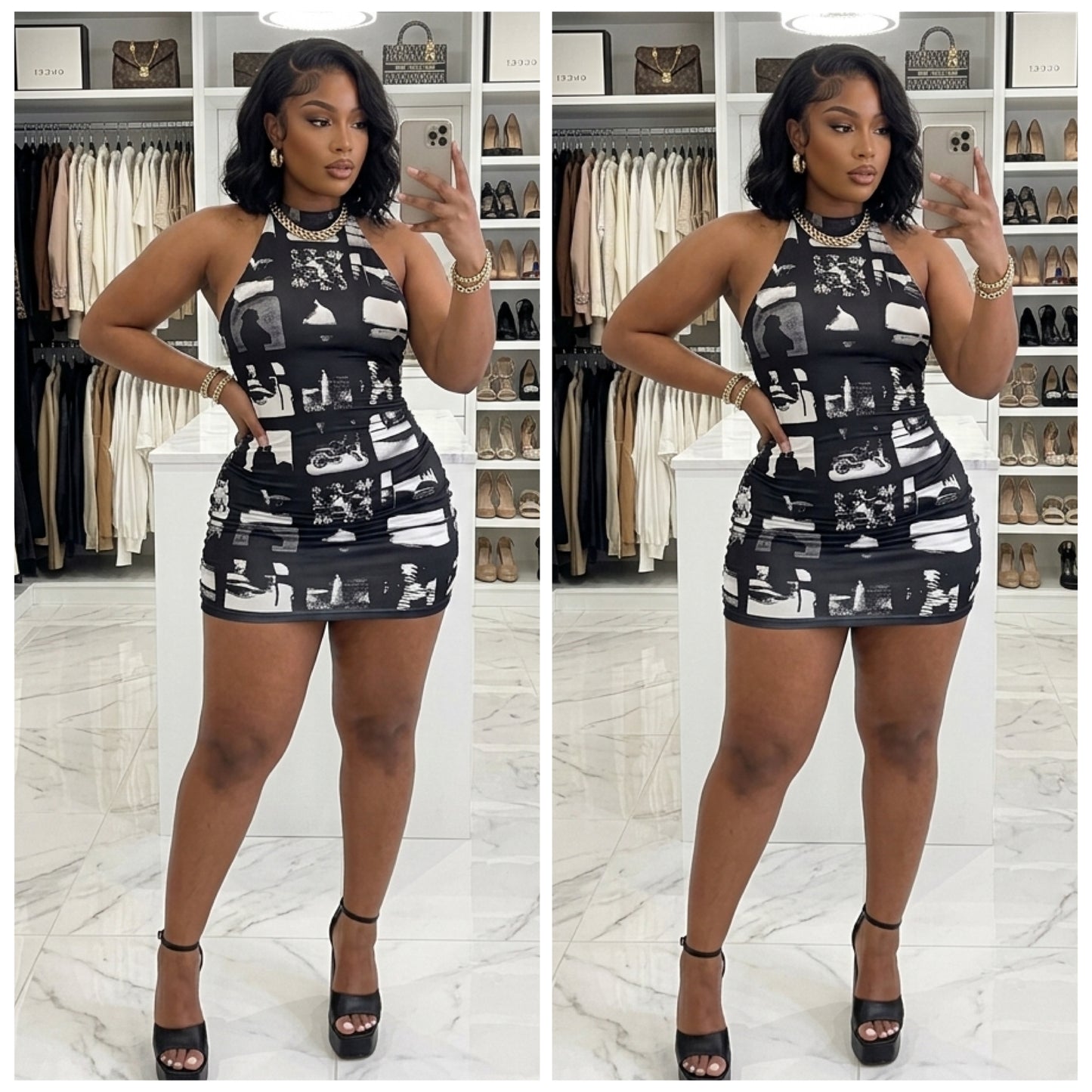 “Landscape” Backless Mini Black and White Sleeveless Dress