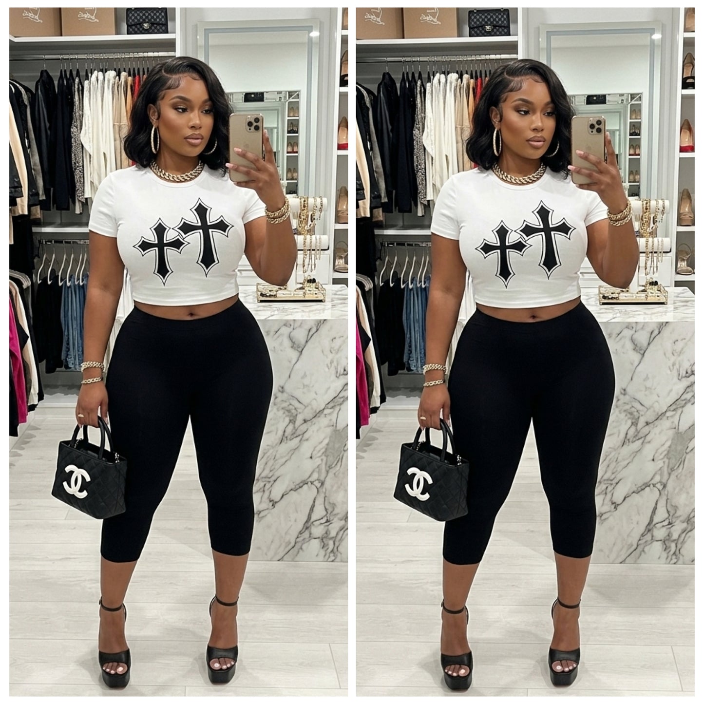 “Double Cross” White Short Sleeve Crop Top Shirt