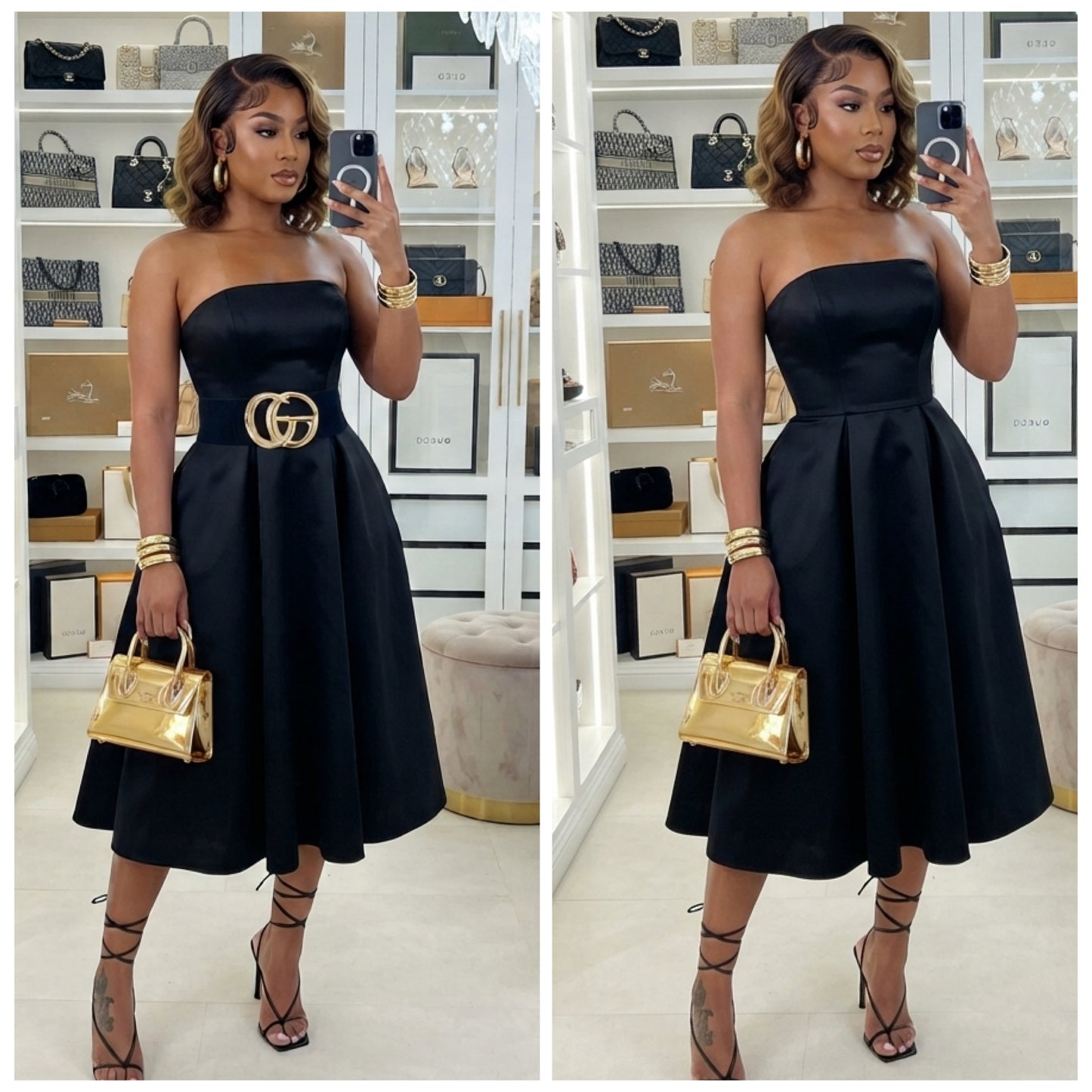 “Natalia” Strapless Off the Shoulder Flare A Line Midi Dress