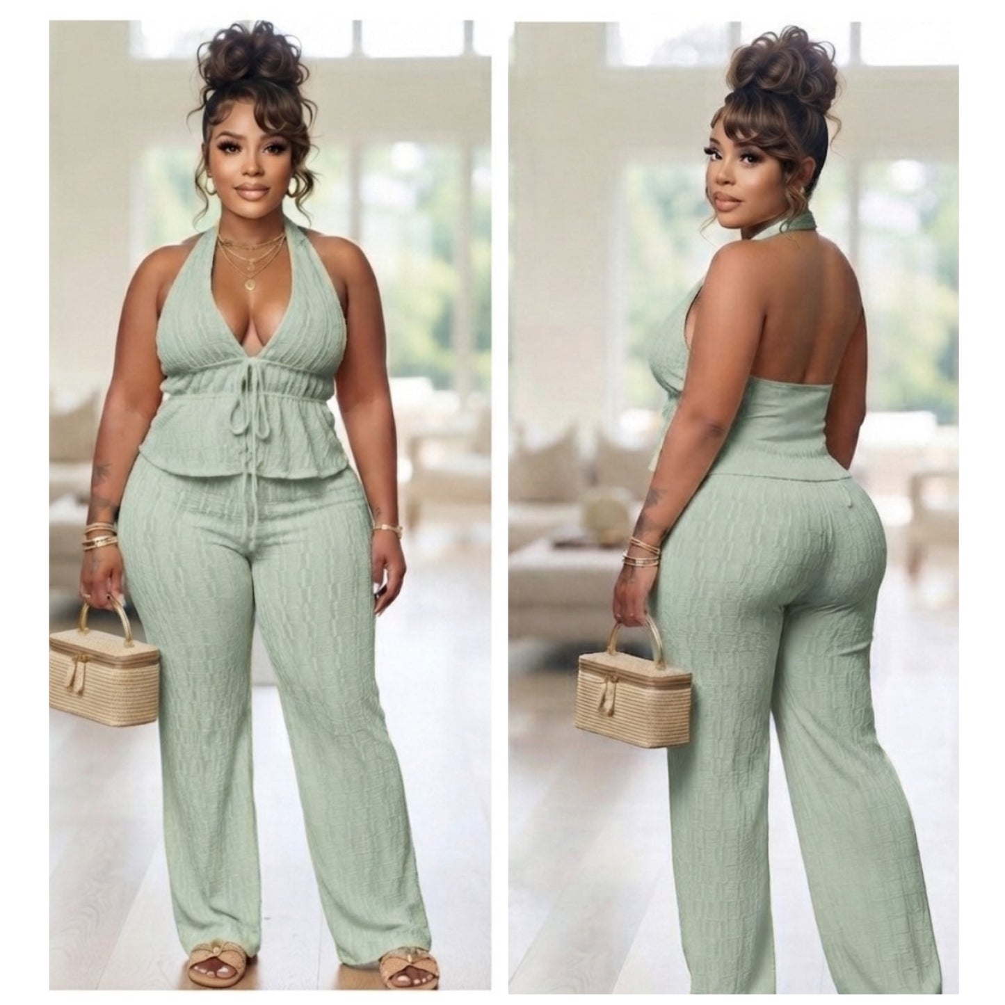 “Sunday” 2 Piece Sage Green Halter Backless Stretch Pant Set
