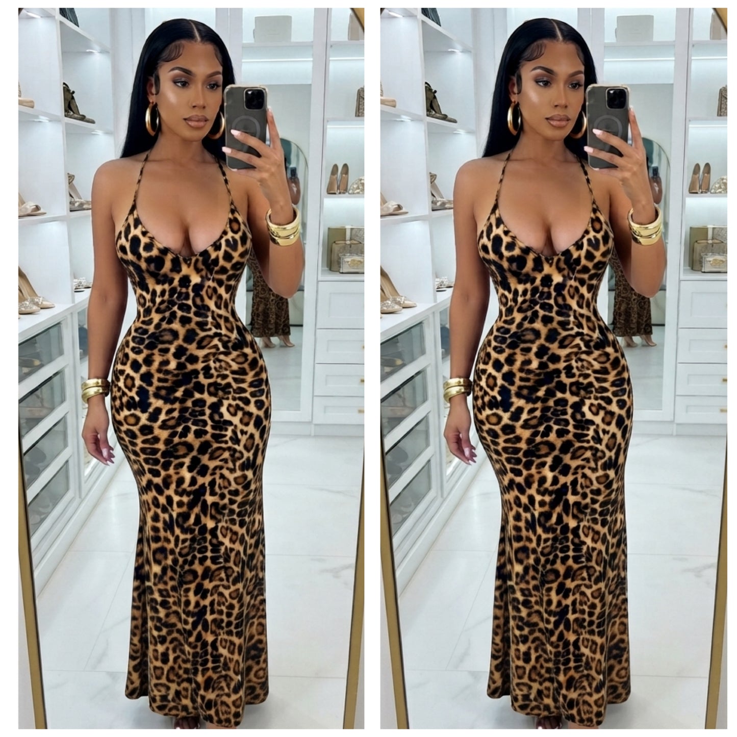 “Dot” Leopard Print Spaghetti Strap Halter Deep V Maxi Dress