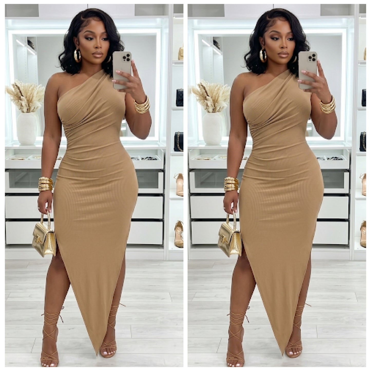 “London” One Shoulder Double Split Ribbed Maxi Dress