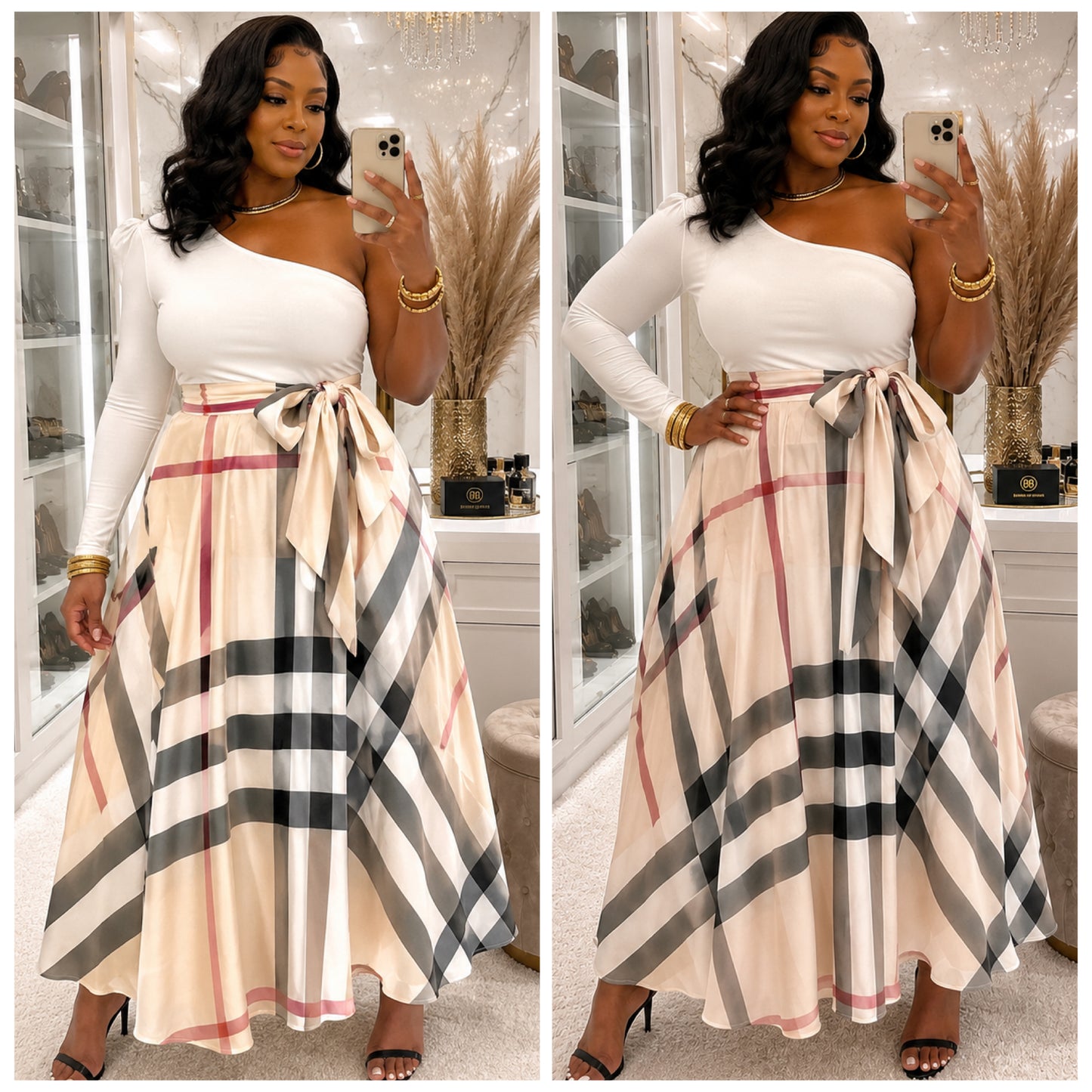 “The Madison” Plaid Print One Shoulder Maxi Dress