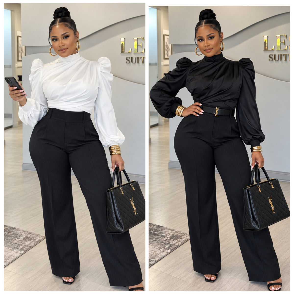 “Corporate Babe” Long Sleeve Puff Shoulder Crop Blouse Top