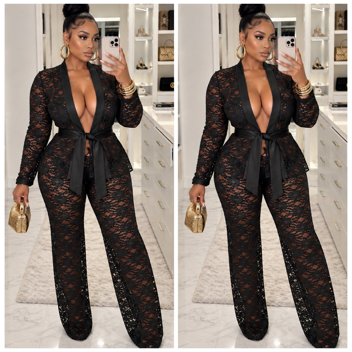 “After Midnight” 2 Piece Lace Tie Cardigan & Wide Leg Pant Set