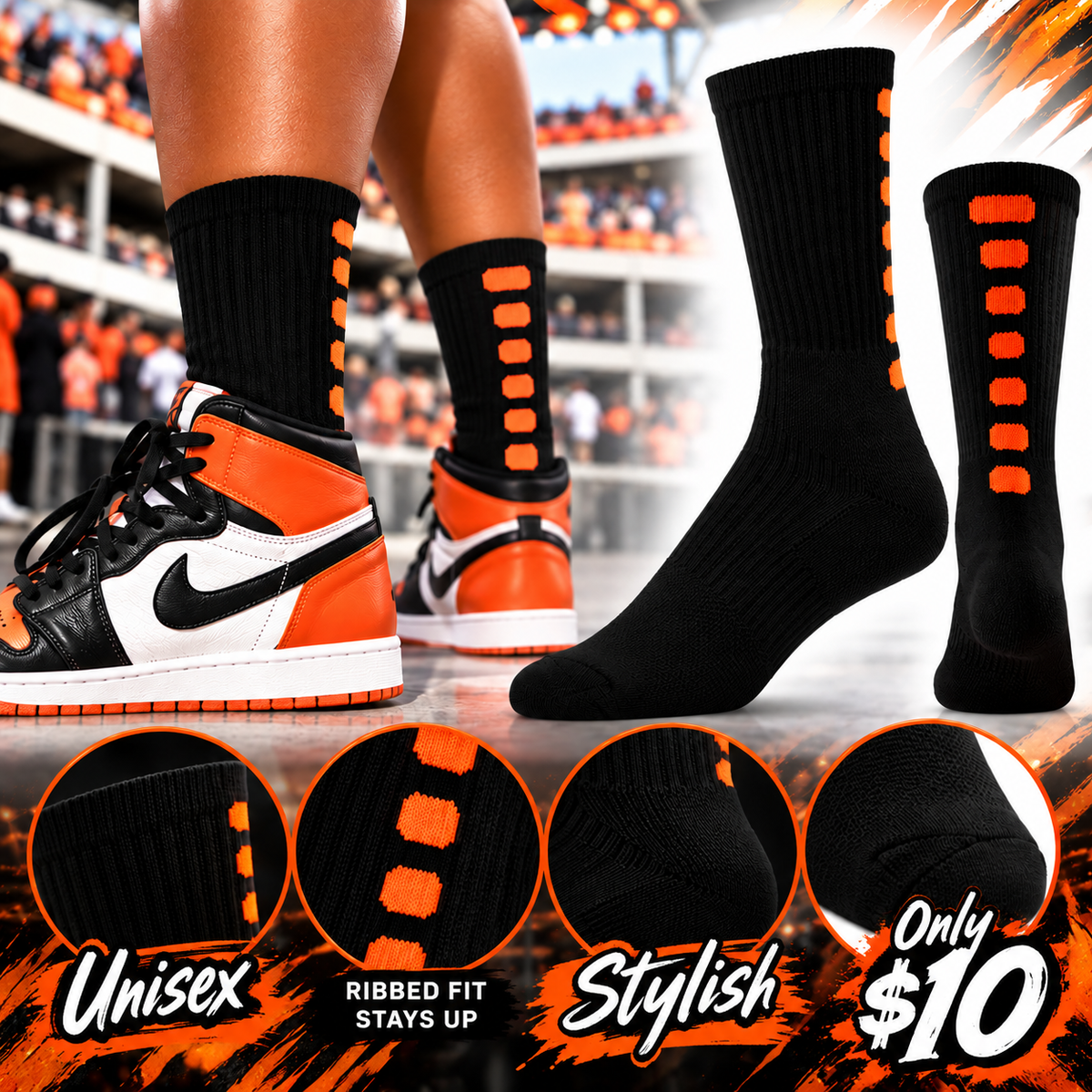 Gametime Black & Orange crew socks
