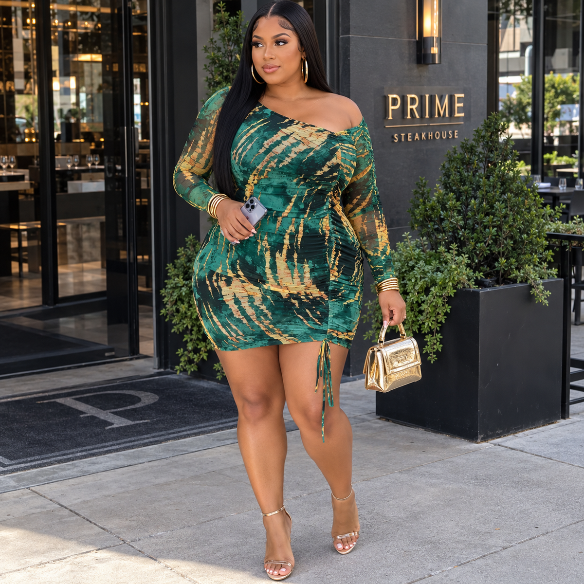 “Marble” Green/Gold Long Sleeve Mini Scrunch Dress