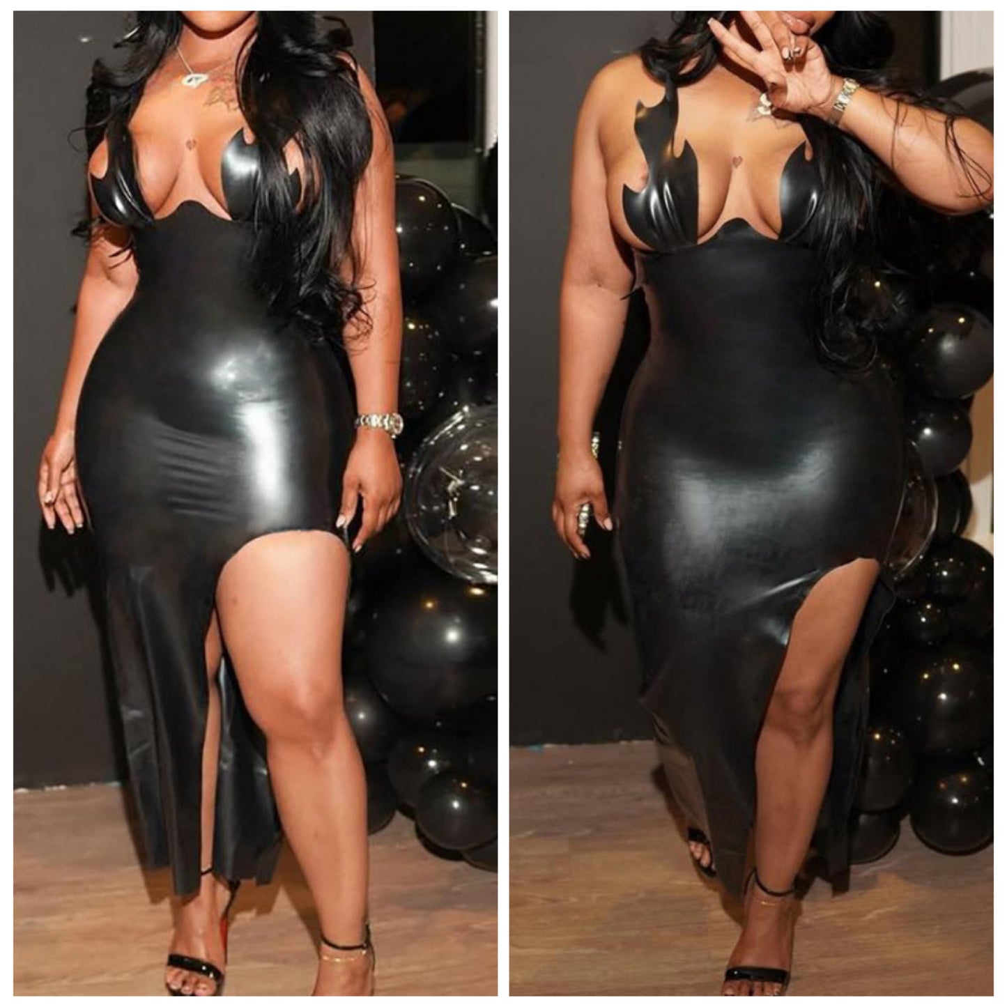 “Black Fire” Faux Leather High Split Maxi Dress