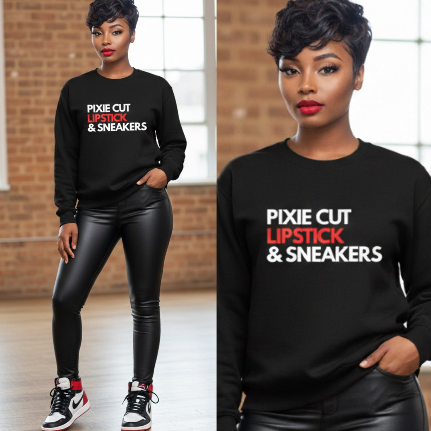 “Pixie Cut Lipstick & Sneakers Black Shirt (1-3 day turnaround)