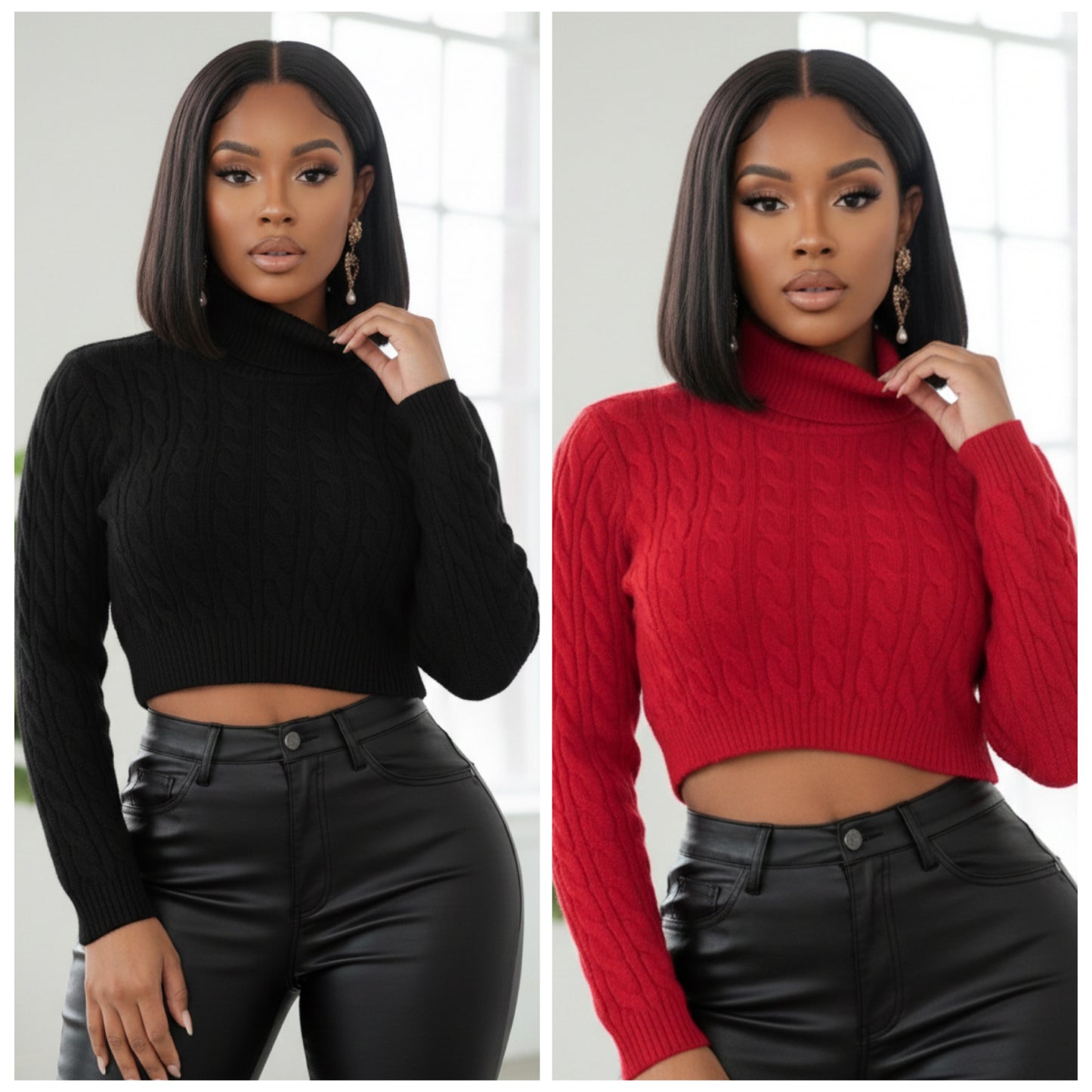 “Ava” Long Sleeve Short Cable knit Turtleneck Sweater