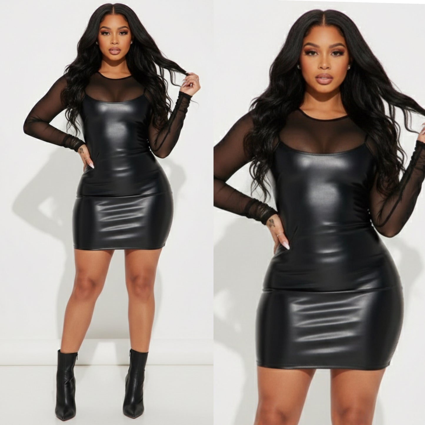 “Alex” Black 2 Piece Mesh Long Sleeve Shirt & Spaghetti Strap Faux Leather Dress Set