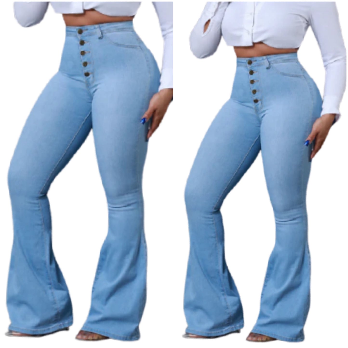 “Luxe” Super Stretch Button High Waisted Light Wash Denim Bell Jeans