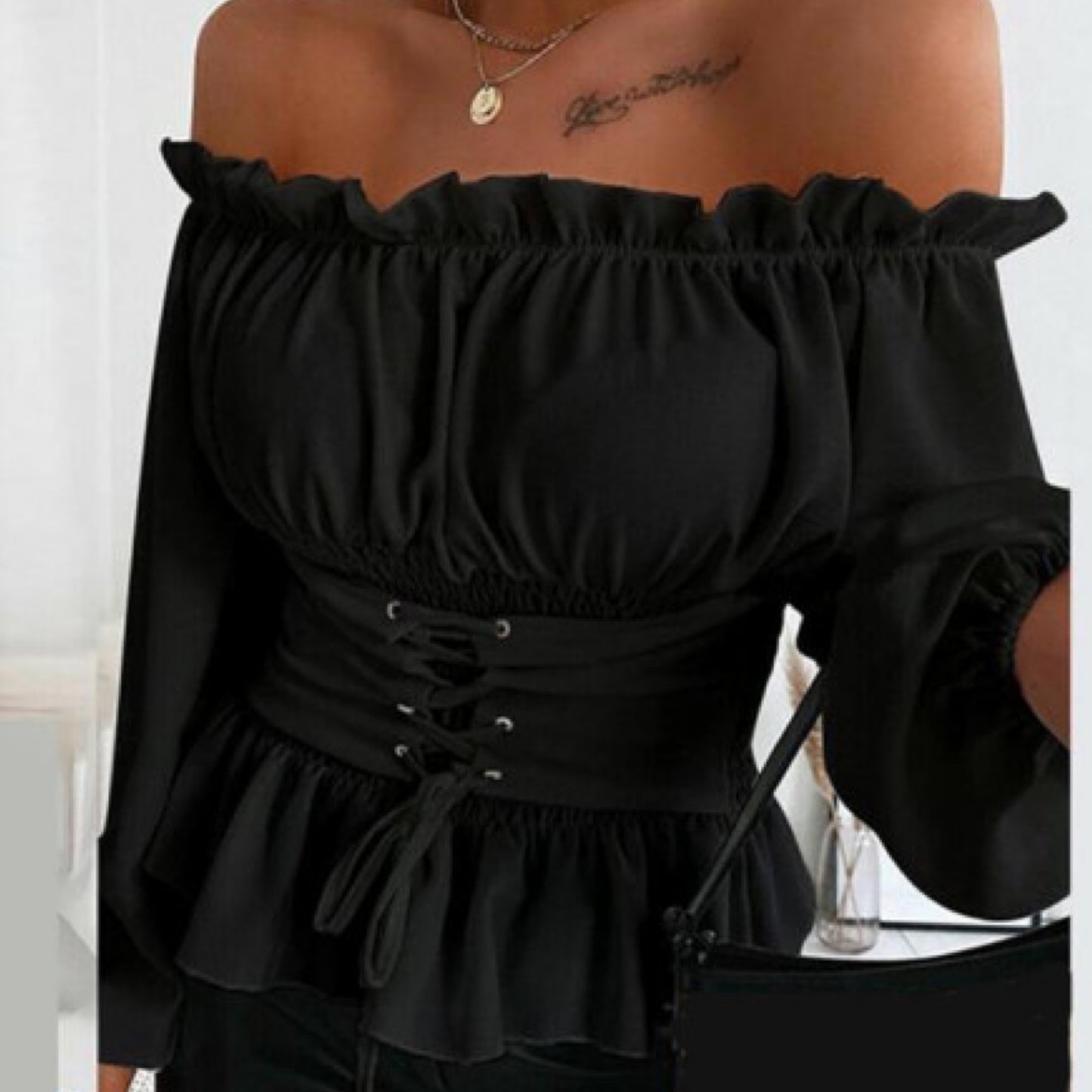 “Precious” Off the Shoulder Long Sleeve Corset Ruffle Shirt Top