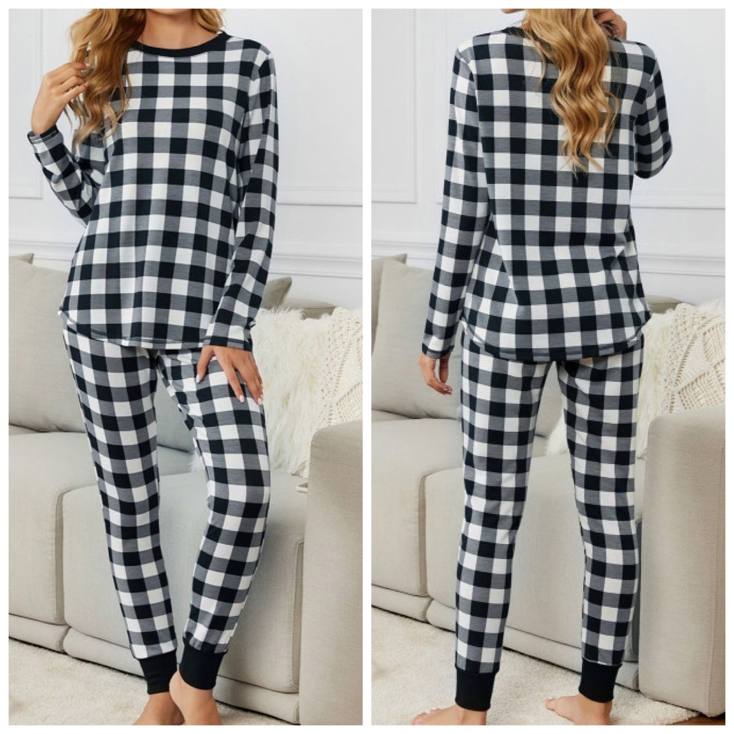 “Deck The Halls” Plaid Matching Womens Long Sleeve Pant Pajama Set