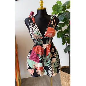 “Ellie” Floral Shoulder Tie Shorts Romper