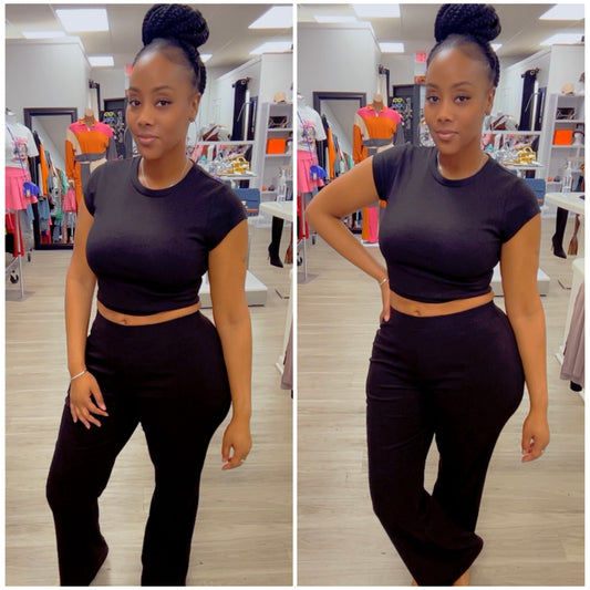 “Jessica” Black Ribbed 2 Piece Crop & Wide Leg Pant Set