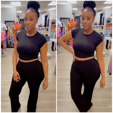 “Jessica” Black Ribbed 2 Piece Crop & Wide Leg Pant Set