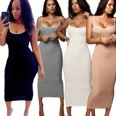 “Maci” Ribbed Spaghetti Strap Maxi Dress