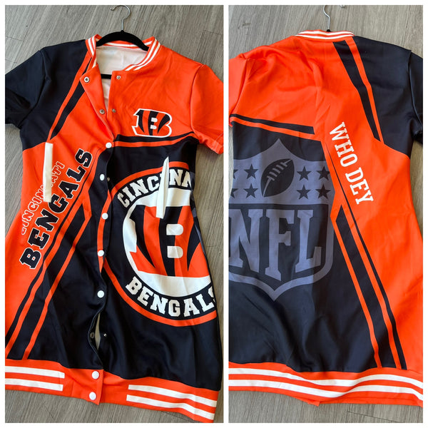 “Bengals Baddie” Stretch Polyester Cincinnati Bengals Button Dress