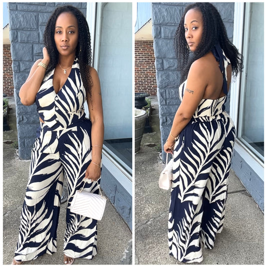 “Navy” Palm Leaf Navy 2 Piece Halter Wide Leg Pant Set