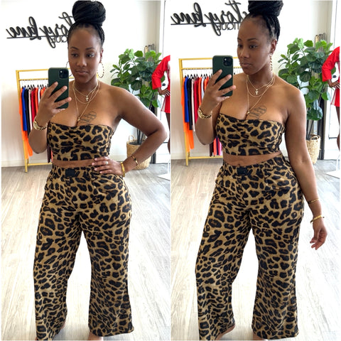 “Mesha” Leopard Print Bandeau Wide Leg Pant Set