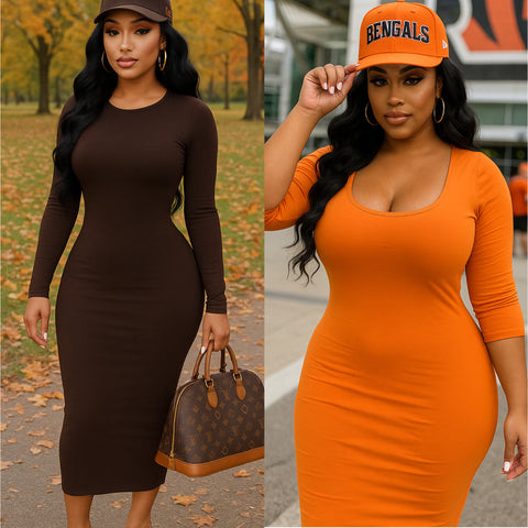 “Roxy” Long Sleeve Fitted Midi Dress