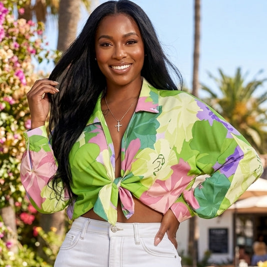 “Garden Of Love” Floral Open Tie Balloon Long Sleeve Top Shirt