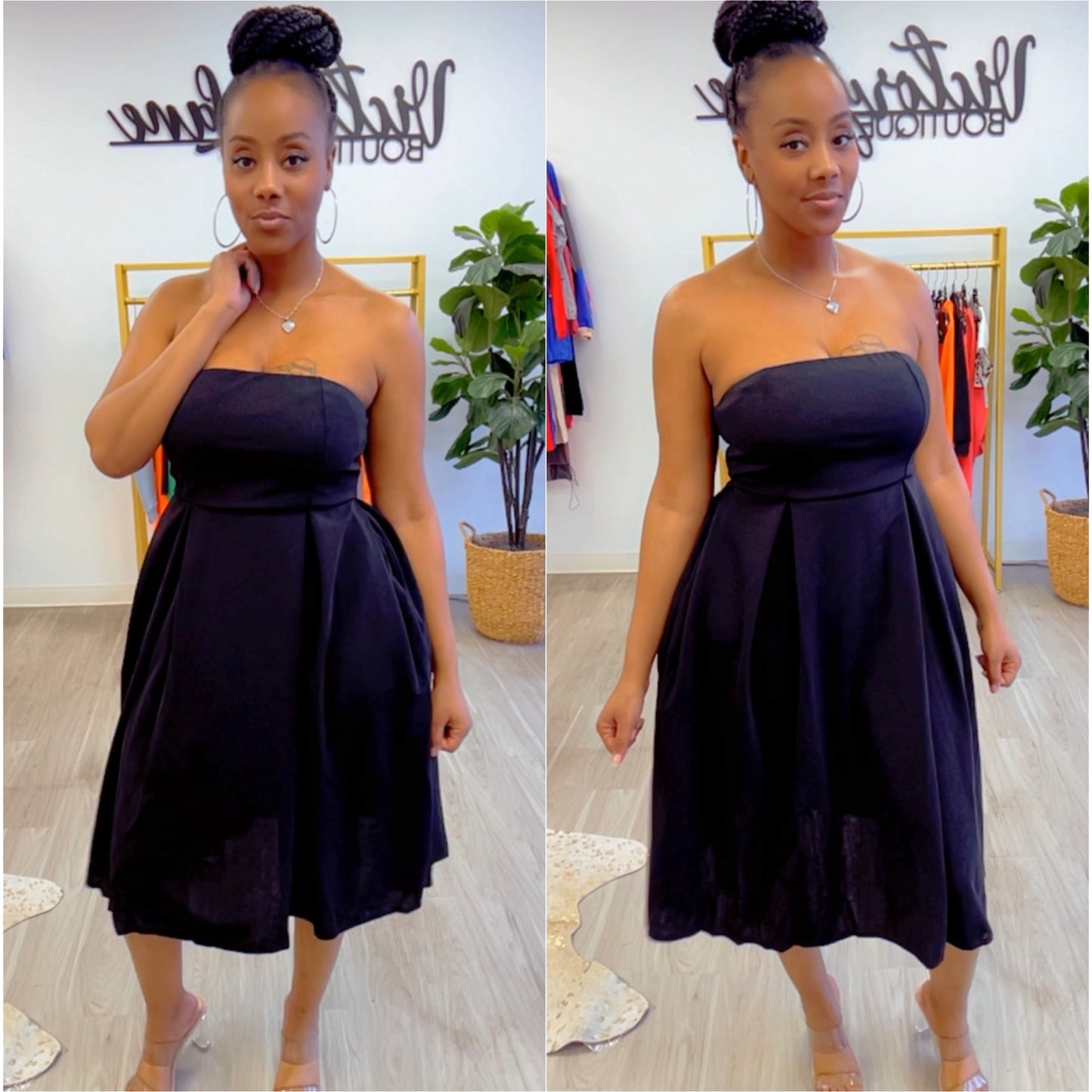 “Natalia” Strapless Off the Shoulder Flare A Line Midi Dress