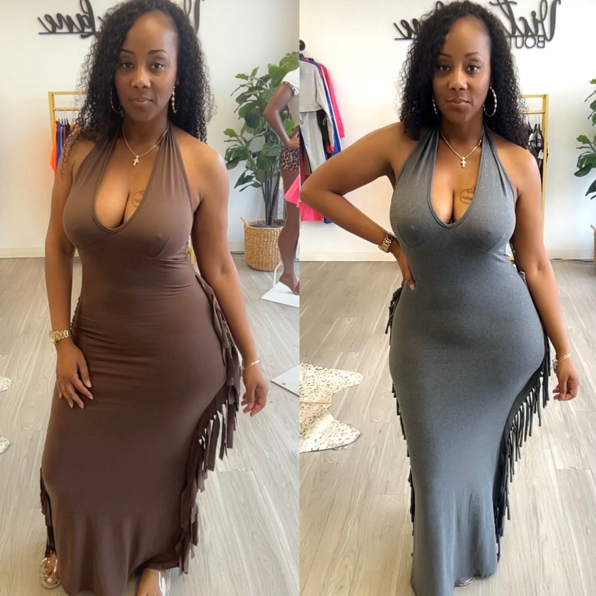 “Shake Them Off” Halter Stretch Fringe Maxi Dress