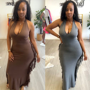 “Shake Them Off” Halter Stretch Fringe Maxi Dress