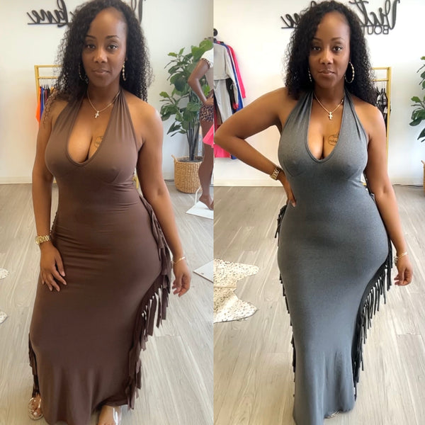 “Shake Them Off” Halter Stretch Fringe Maxi Dress
