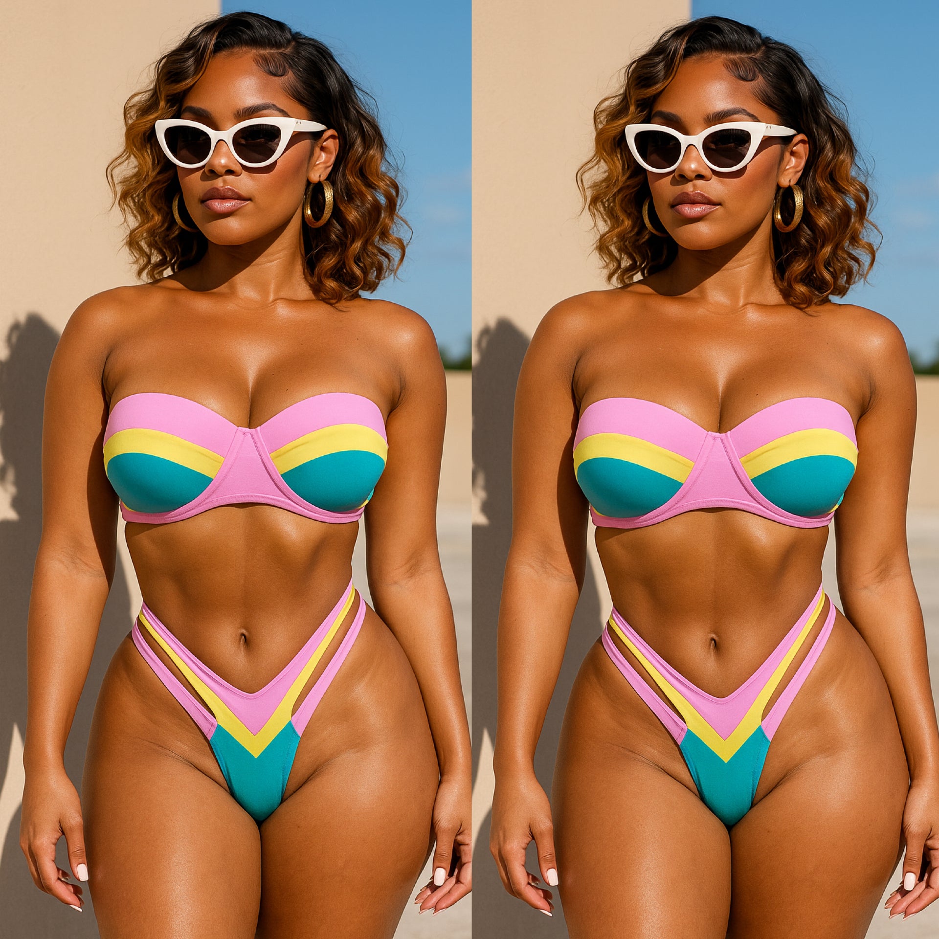 Color block Strapless Bandeau Thong Bikini