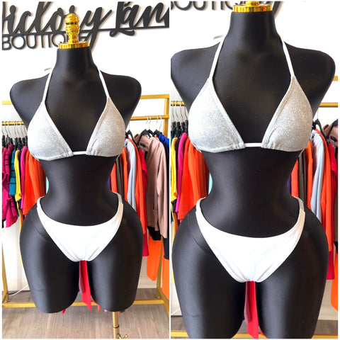 White Glitter Triangle Top Bikini Swimsuit