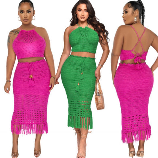 “Lakes” Lightweight Knit 2 Piece Tassel Crochet Maxi Skirt Set coverup