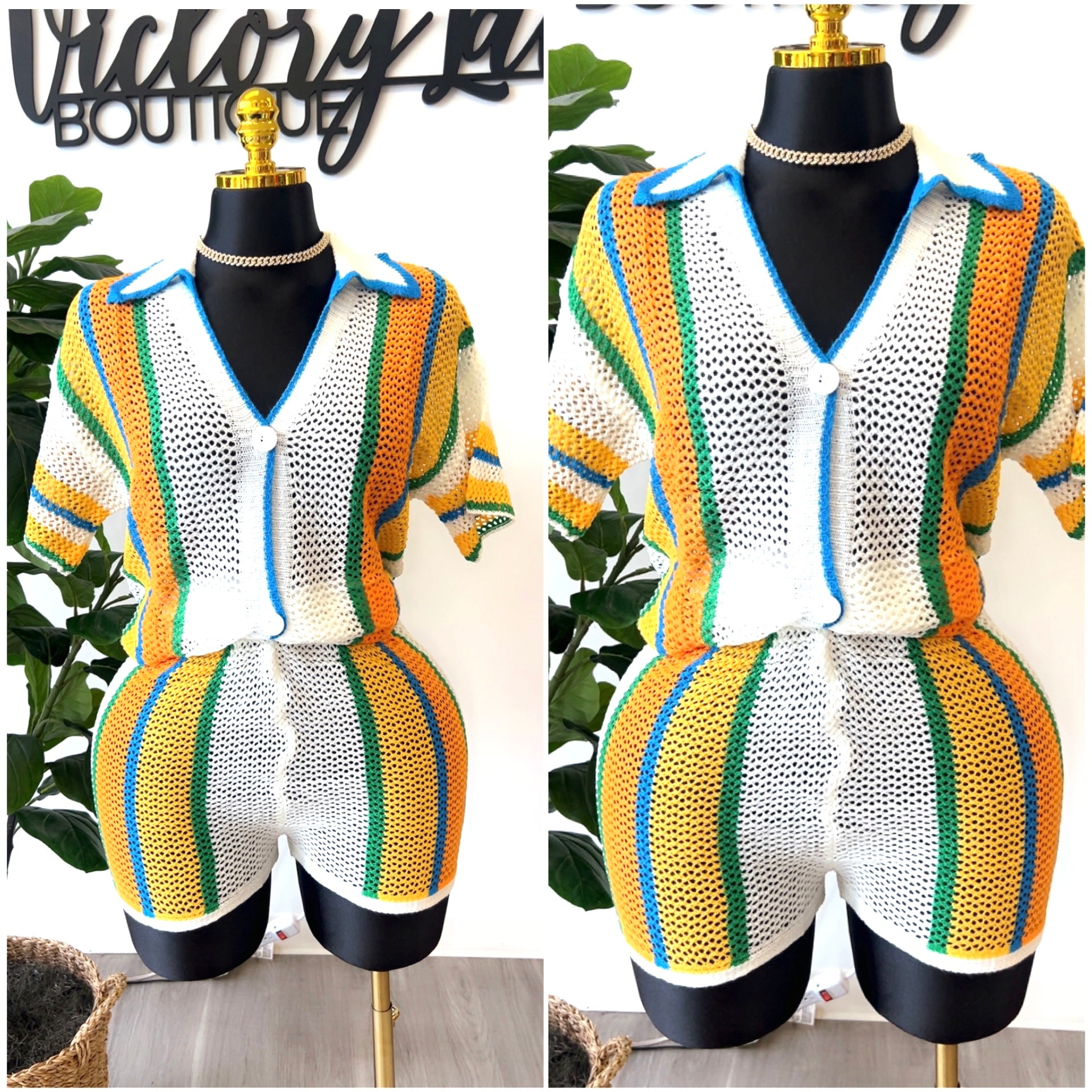 Multicolor Stripe crochet button up Stretch 2 Piece Short Set